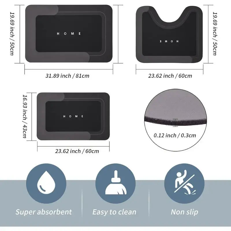3PCS Multi-Size Modern Bathroom Rug Sets - Nonslip Diatomite-TRP Rectangle Anti-Slip Border Combo Set Bath Mats with Rubber Backing, Durable, Water-Absorbent, Quick-Dry for Indoor Bathroom Home Supplies