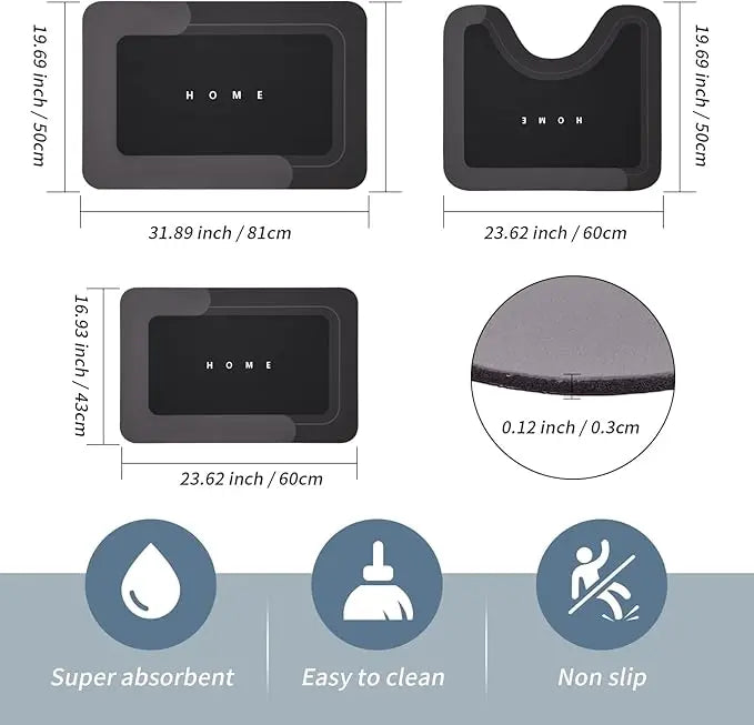 3-Piece Absorbent Bathroom Mat Magic Rug Set, Quick-Drying Bath Mat Non-Slip Floor Mat with Rubber Backing Suitable for Bathroom, Kitchen, Shower and Sink (16.9 x 23.6 Inch+19.7 x 23.6 Inch+19.7 x 23.6 Inch+19.7 x 31.9 Inch)