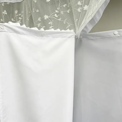 White Hookless Ruffle Shower Curtain with Dual Removable Waterproof Layers, Embroidered Sheer Top, White Plastic Split Rings, Snap-On Washable Bathroom Curtain，71*74inch