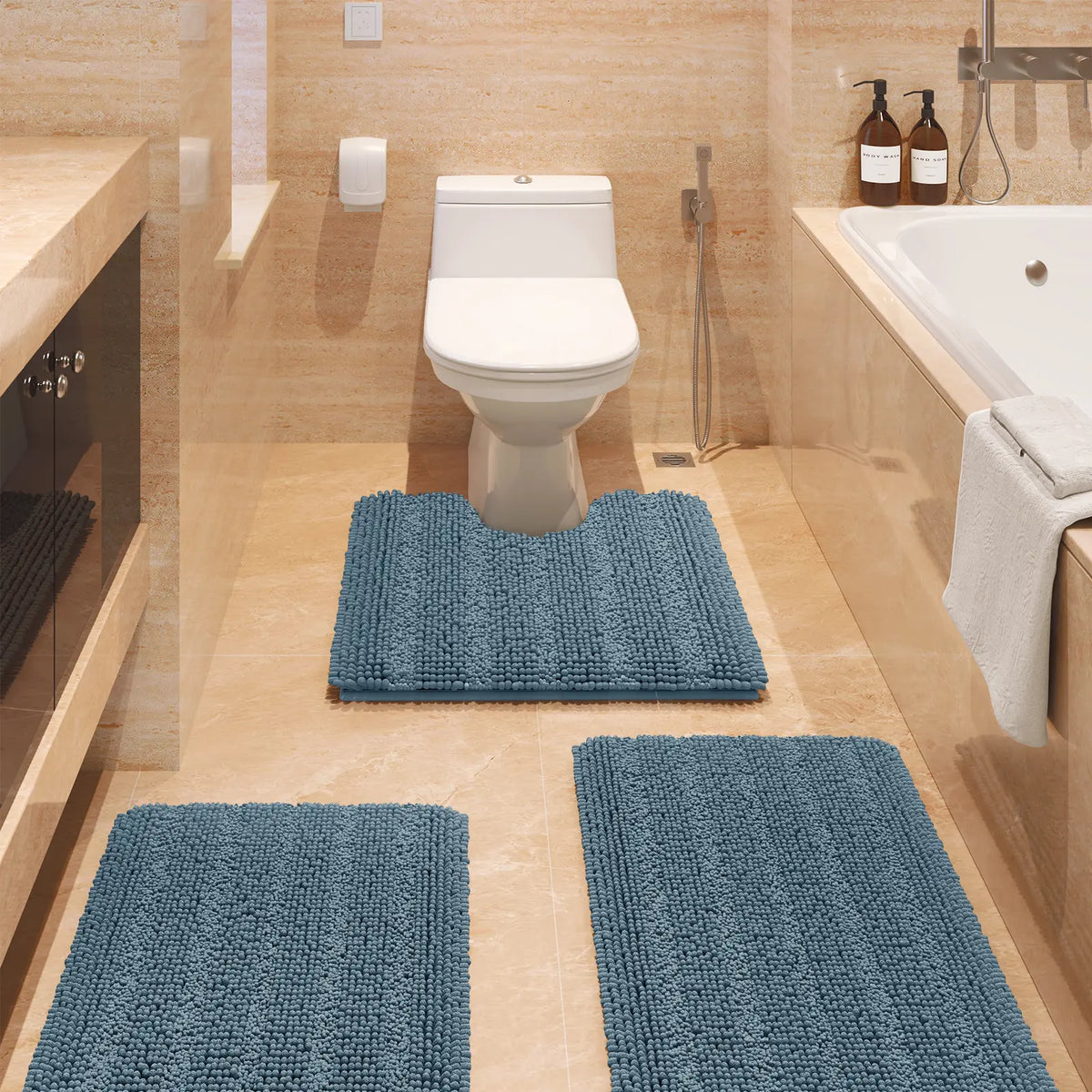 ACCUMTEK Striped Bathroom Rug Set Ultra Soft, Non Slip Chenille Toilet Mat, Absorbent Plush Shaggy Bath Mats for Bathroom, Bedroom, Kitchen