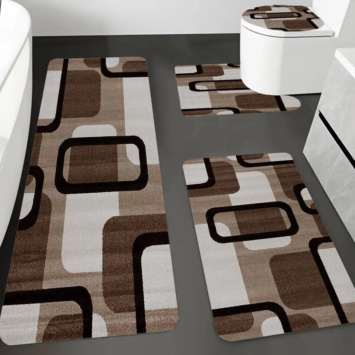 DearTex 3-4pcs Geometric Curved Line Thick Modern Flannel Bath Rug Set - Anti-Skid Custom-Shaped Non-Slip Rubber Water-Absorbent Mats with Washable U-Shaped Toilet Lid Cover Bathroom Accessories, Anti-Skid Bath Mats, Custom-Shaped Bath Mats