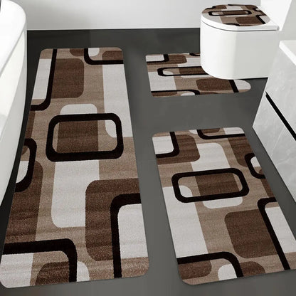 DearTex 3-4pcs Geometric Curved Line Thick Modern Flannel Bath Rug Set - Anti-Skid Custom-Shaped Non-Slip Rubber Water-Absorbent Mats with Washable U-Shaped Toilet Lid Cover Bathroom Accessories, Anti-Skid Bath Mats, Custom-Shaped Bath Mats