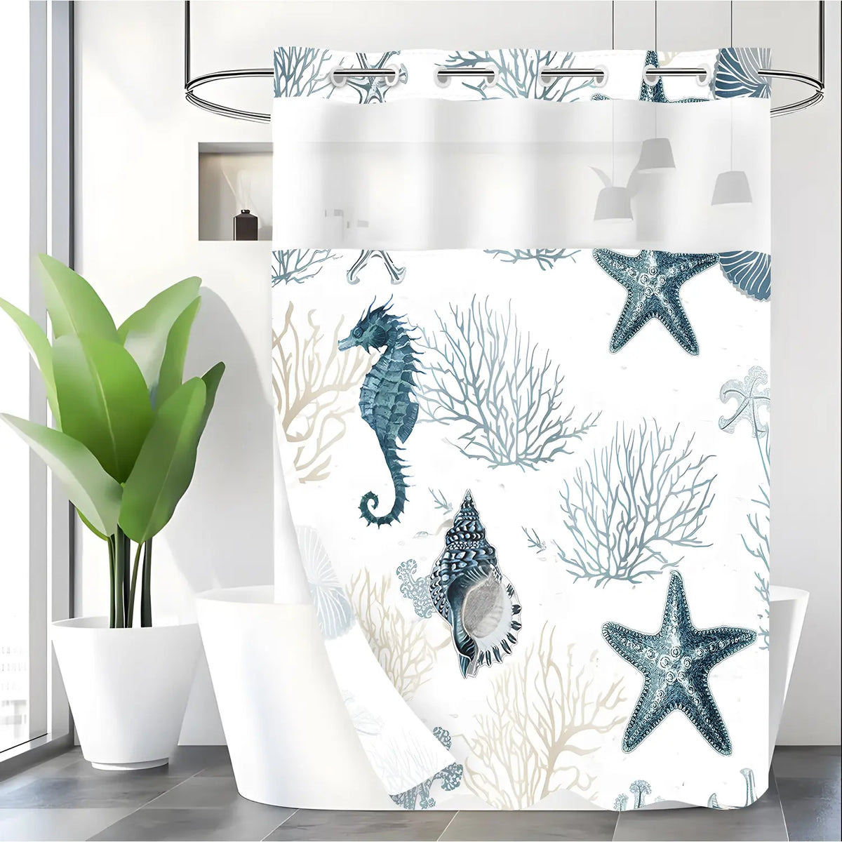 LVRLVR 1pc Coastal Ocean Print Beach Shower Curtain with Sheer Top Window, Detachable Liner & No Hook C-Ring, 70.8" x 74"