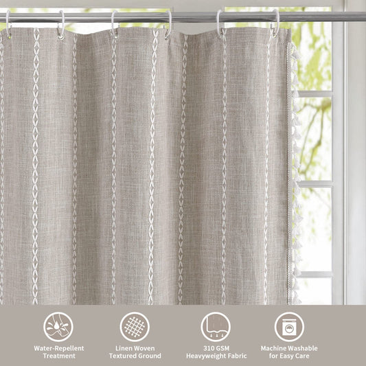 1pc Tan Modern And Linen Shower Curtain Designed in a Bohemian Cottage Style, Suitable for Vintage Rustic Bathroom Decoration. It Features Tassels And Is Made with Heavy-Duty Tarpaulin, Measuring 72 by 72 Inches