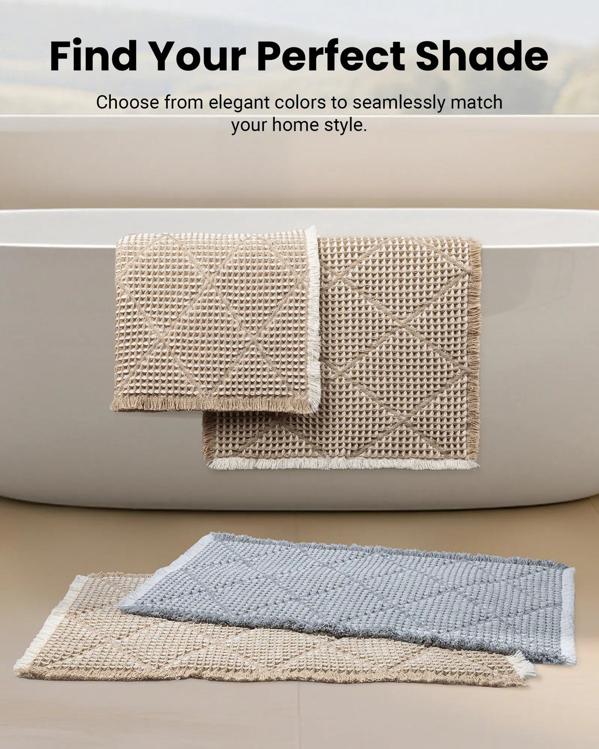Furicher 2-Piece Anti-Slip Grip Bath Mat Set, Boho Home Spa Waffle Rugs - Super Absorbent Rectangle Mats for Bathroom Decoration, Shower Use, Machine Washable Gray & White (50.8cm×114.7cm + 45.7cm×76.2cm)