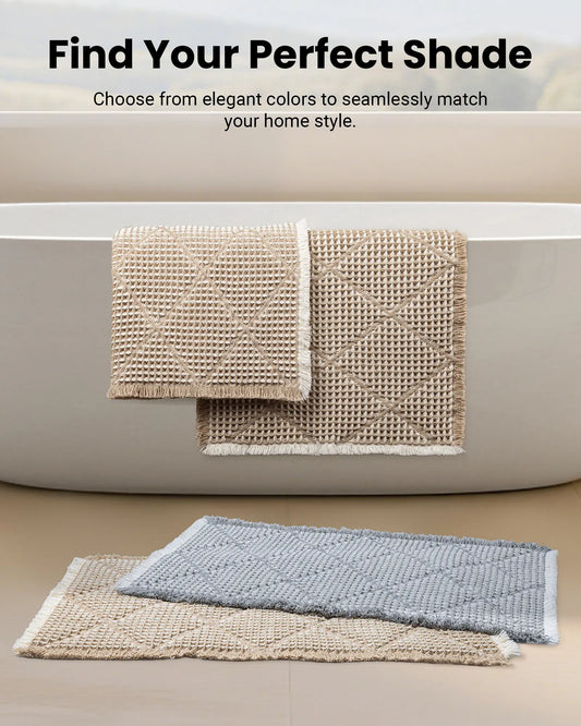 Furicher 2-Piece Anti-Slip Grip Bath Mat Set, Boho Home Spa Waffle Rugs - Super Absorbent Rectangle Mats for Bathroom Decoration, Shower Use, Machine Washable Gray & White (50.8cm×114.7cm + 45.7cm×76.2cm)