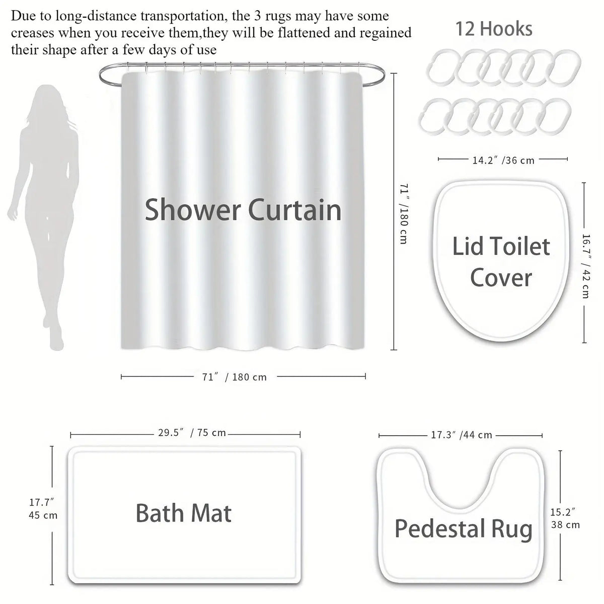 Marble Pattern Bathroom & Restroom Accessories, Shower Curtain Set For Bathroom, 4 Counts/set Including 1 Shower Curtain with 12 Hooks & 1 Toilet Lid Cover & 1 Rectangular Mat & 1 U-shaped Mat, Shower Curtain Sets