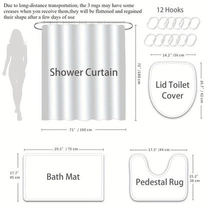 Marble Pattern Bathroom & Restroom Accessories, Shower Curtain Set For Bathroom, 4 Counts/set Including 1 Shower Curtain with 12 Hooks & 1 Toilet Lid Cover & 1 Rectangular Mat & 1 U-shaped Mat, Shower Curtain Sets