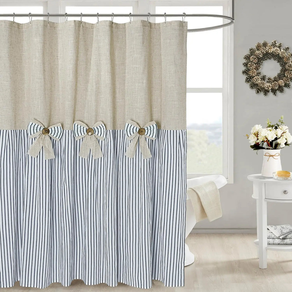Grey Farmhouse Pleated Stripe Shower Curtain - French Country Ticking Stripe Cotton Blend Fabric, Bowknot Accents, Textural Design, 72w x 78l (Pack of 1), 12 Button Holes, Bathroom Use, Cold Wash, Rustic Decor, Easy Installation