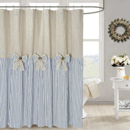 Grey Farmhouse Pleated Stripe Shower Curtain - French Country Ticking Stripe Cotton Blend Fabric, Bowknot Accents, Textural Design, 72w x 78l (Pack of 1), 12 Button Holes, Bathroom Use, Cold Wash, Rustic Decor, Easy Installation