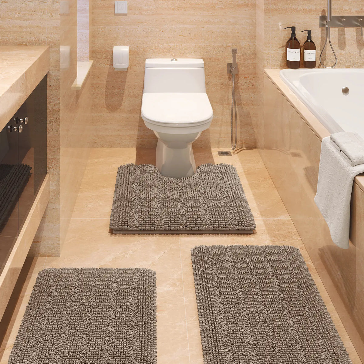 ACCUMTEK Striped Bathroom Rug Set Ultra Soft, Non Slip Chenille Toilet Mat, Absorbent Plush Shaggy Bath Mats for Bathroom, Bedroom, Kitchen