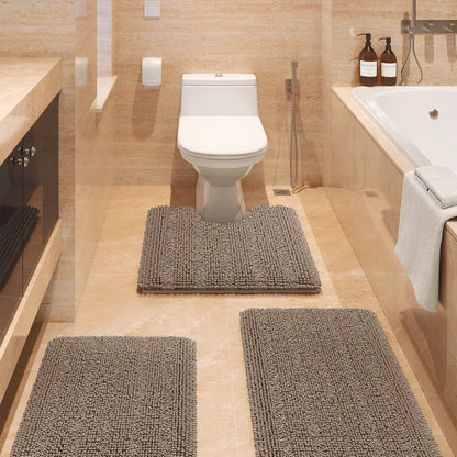 ACCUMTEK Striped Bathroom Rug Set Ultra Soft, Non Slip Chenille Toilet Mat, Absorbent Plush Shaggy Bath Mats for Bathroom, Bedroom, Kitchen