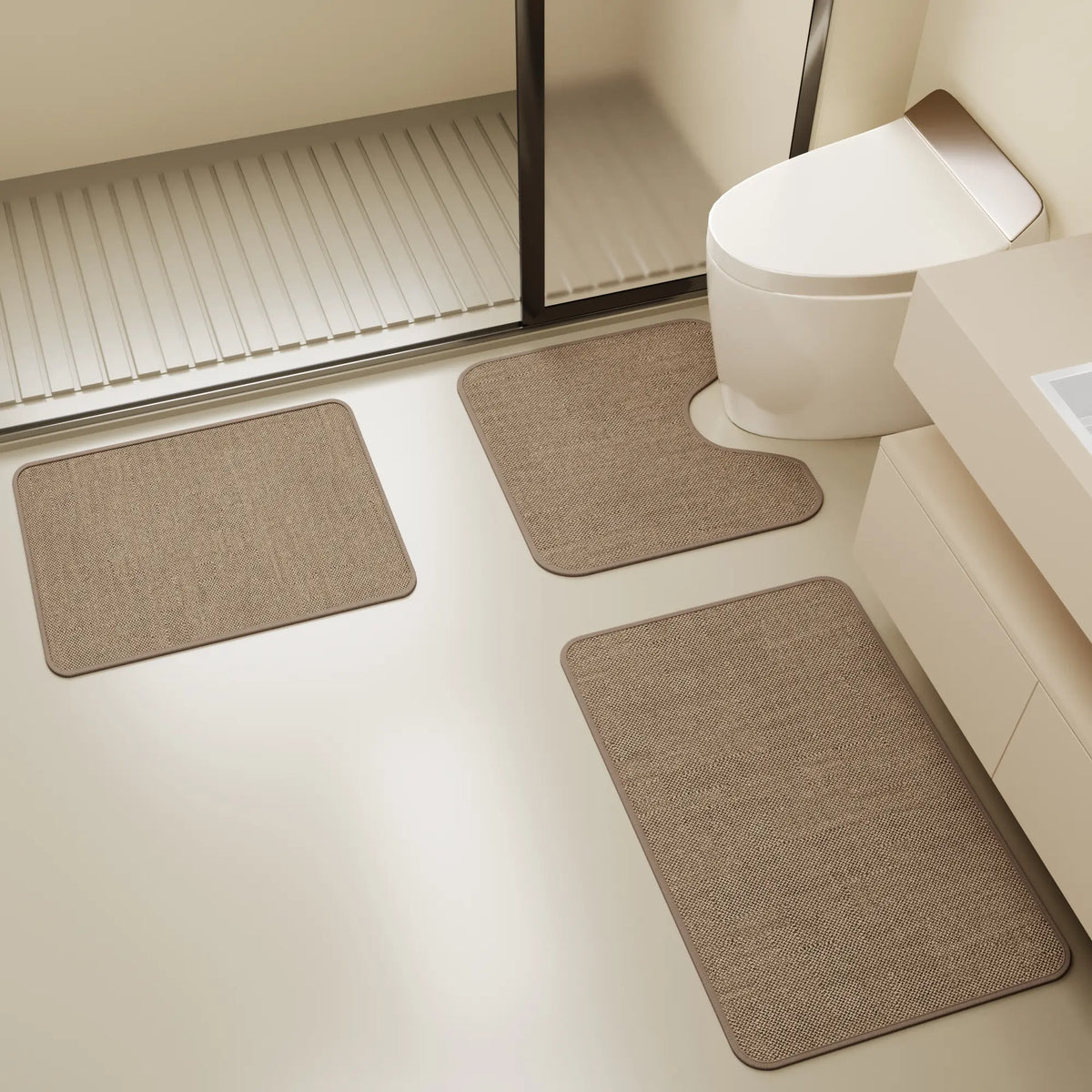 3-Piece Set, Linen-Texture Bathroom Mat, 0.3 in Thickness,Absorbent Quick-Dry Foot Mat, Rubber Anti-Slip Bottom, Home Decor, Premium Faux Linen Door Mat, Suitable For Kitchen, Bathroom, Sink, Toilet Mat, Bedroom, Living Room, Guesthouse, Hotel, Etc. outdo