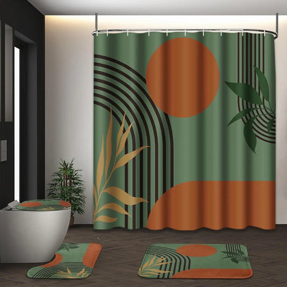 Boho Mid Century Shower Curtain Set with Toilet Lid Cover and Non-Slip Rugs, Abstract Geometric Modern Minimalist Shower Curtain for Bathroom Set with 12 Hooks
