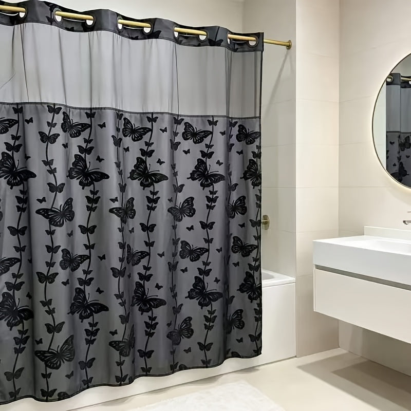 YRZTRK Blue Flocked Butterfly Shower Curtain with Mesh Top Window - No Hook Design Suitable for Bath, Double-Layer Flocked Bathroom Curtain, Machine Washable Window Panel for, Modern Farmhouse Decor for Bathtub Enclosure