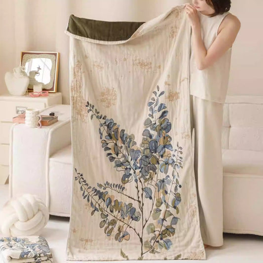 1pc Extra Large Bath Towel & Blanket - Soft Gauze Fabric with Blue/Beige/Brown/Gray/White/Black Leaf Pattern - Multi-Functional Spa, Travel, Home Decor - Luxury Bath Sheet for Adults, Air Conditioning, Car, or Couch Throw - Quick-Dry & Wrapping Blanket -
