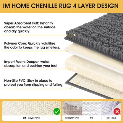 ACCUMTEK Upgrade Extra Large Bathroom Rug Set Ultra Soft, Thick Absorbent Bath Mats, Non Slip Chenille Toilet Mat for Bathroom, Bedroom, Kitchen