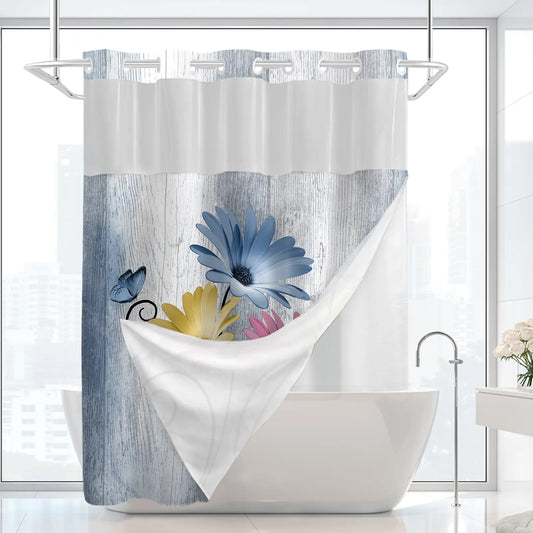 No hooks double-layer Daisy printed shower curtain, Waterproof fabric,Modern style home decoration, hotel, dormitory and bathroom accessories, 72x75in