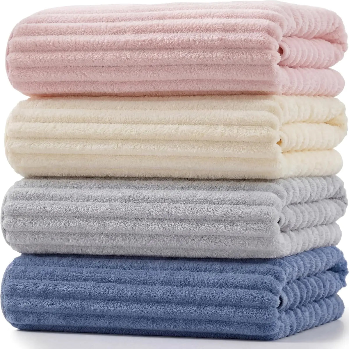 AMA SNOW 4-Pack Oversized Anti-Shrink Bath Towels - 27.6 inches x 55.1 inches Coral Fleece, Anti-Static, Soft, Quick-Dry, Striped, Breathable, Luxury Plush, Unisex, Fade Resistant, Cold Wash Safe for Bathroom, Personal Care, Beauty Use