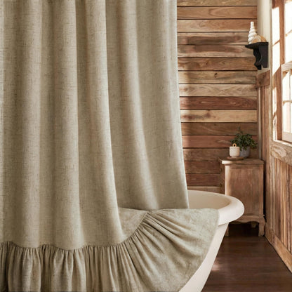 Farmhouse Shower Curtain Ruffle Linen Cream-Green Stripe 72"W x 72"L