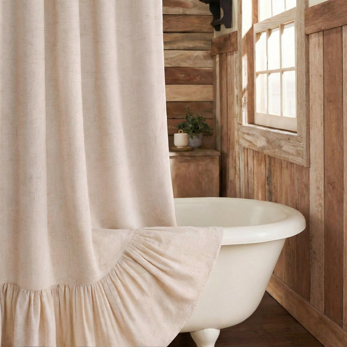 Farmhouse Shower Curtain Ruffle Linen Cream-Green Stripe 72"W x 72"L