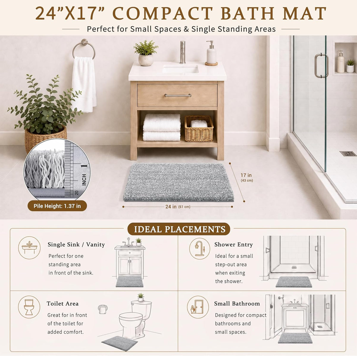 Yimobra Bathroom Rugs Non Slip Washable, Ultra Soft and Water Absorbent Bath Mats, Fluffy Shower Mat Outside, Plush Matts for Bathroom Floor/Sink, 24X17, Home Decor Accessories, Light Gray and White