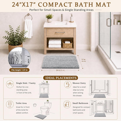 Yimobra Bathroom Rugs Non Slip Washable, Ultra Soft and Water Absorbent Bath Mats, Fluffy Shower Mat Outside, Plush Matts for Bathroom Floor/Sink, 24X17, Home Decor Accessories, Light Gray and White