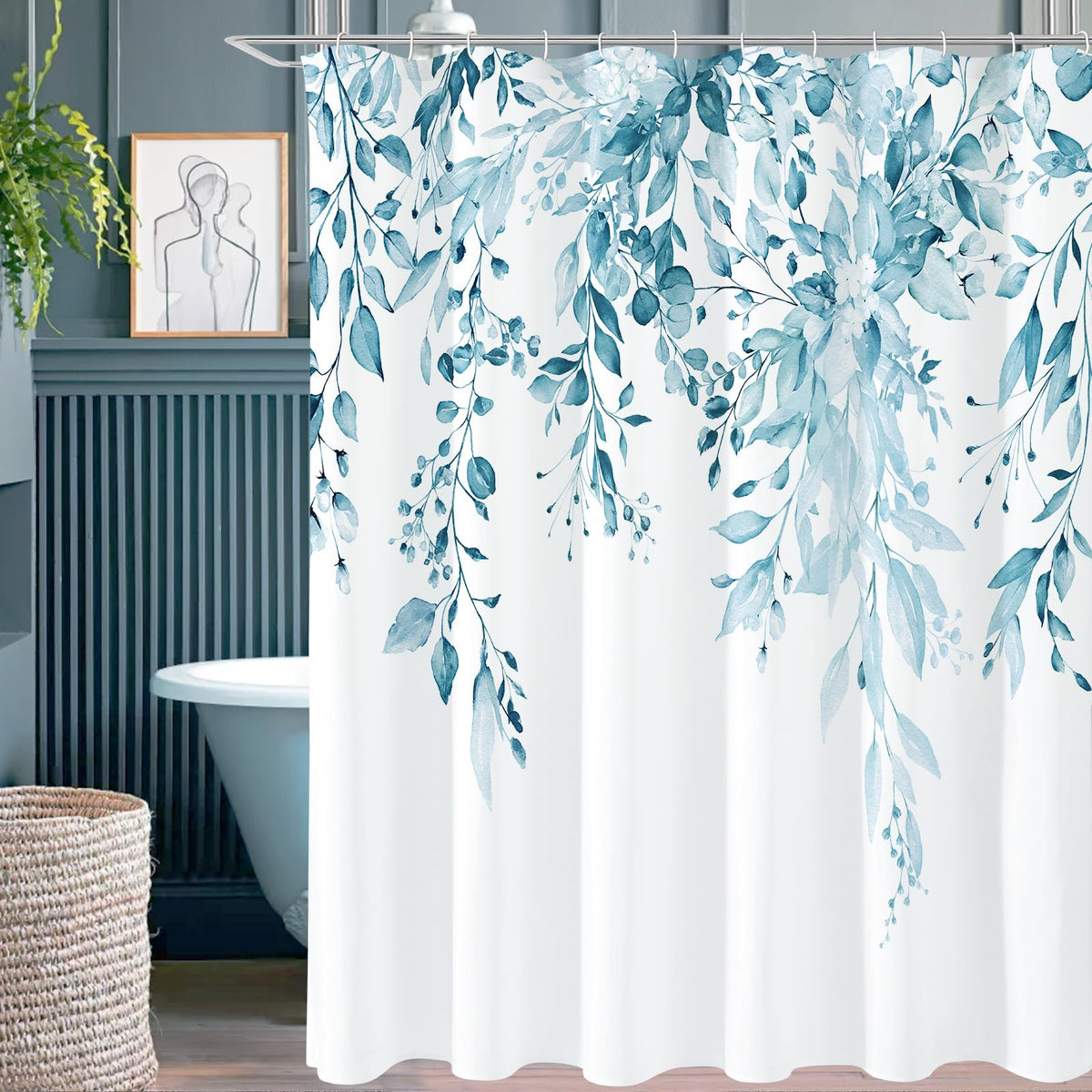 Gibelle Grey Eucalyptus Shower Curtain, Watercolor Floral Print, 72x72