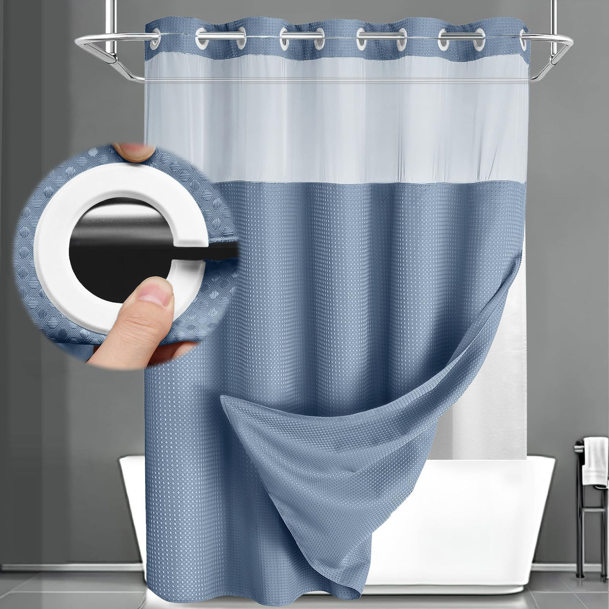 No Hook Shower Curtain with Liner Set Hotel Waffle Curtain Black 72W X 75L