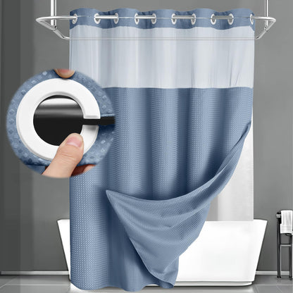 No Hook Shower Curtain with Liner Set Hotel Waffle Curtain Black 72W X 75L