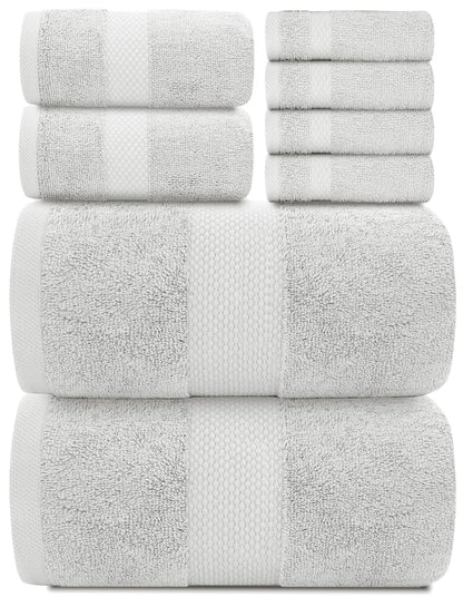 White Classic Luxury White Bath Towel Set of 8 - Soft 100% Turkish Cotton