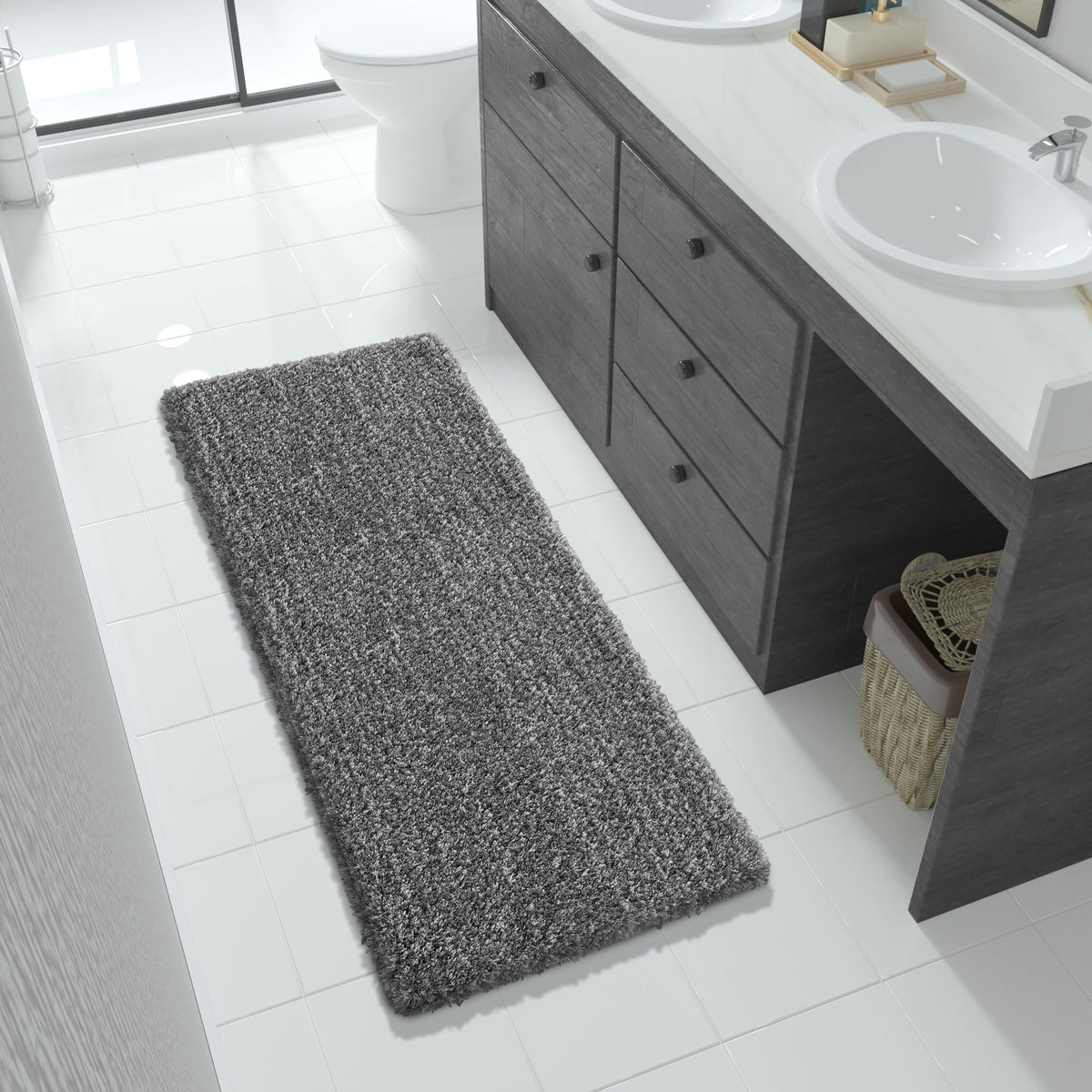 Yimobra Bathroom Rugs Non Slip Washable, Ultra Soft and Water Absorbent Bath Mats, Fluffy Shower Mat Outside, Plush Matts for Bathroom Floor/Sink, 24X17, Home Decor Accessories, Light Gray and White