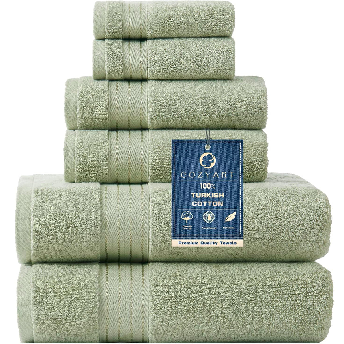 COZYART Luxury Bath Towel Set 6 Pcs, Dark Green 100% Turkish Cotton 650 GSM