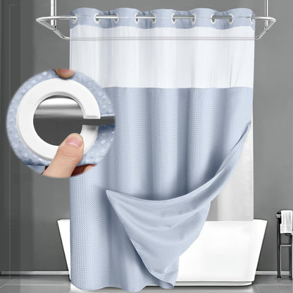 No Hook Shower Curtain with Liner Set Hotel Waffle Curtain Black 72W X 75L