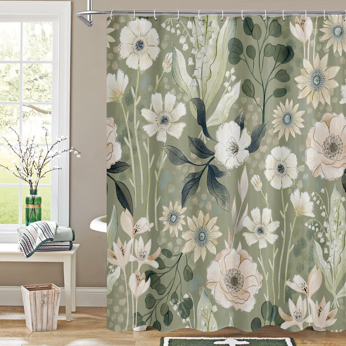 Boho Floral Shower Curtain, Vintage Botanical Fabric Curtain, 72 x 72