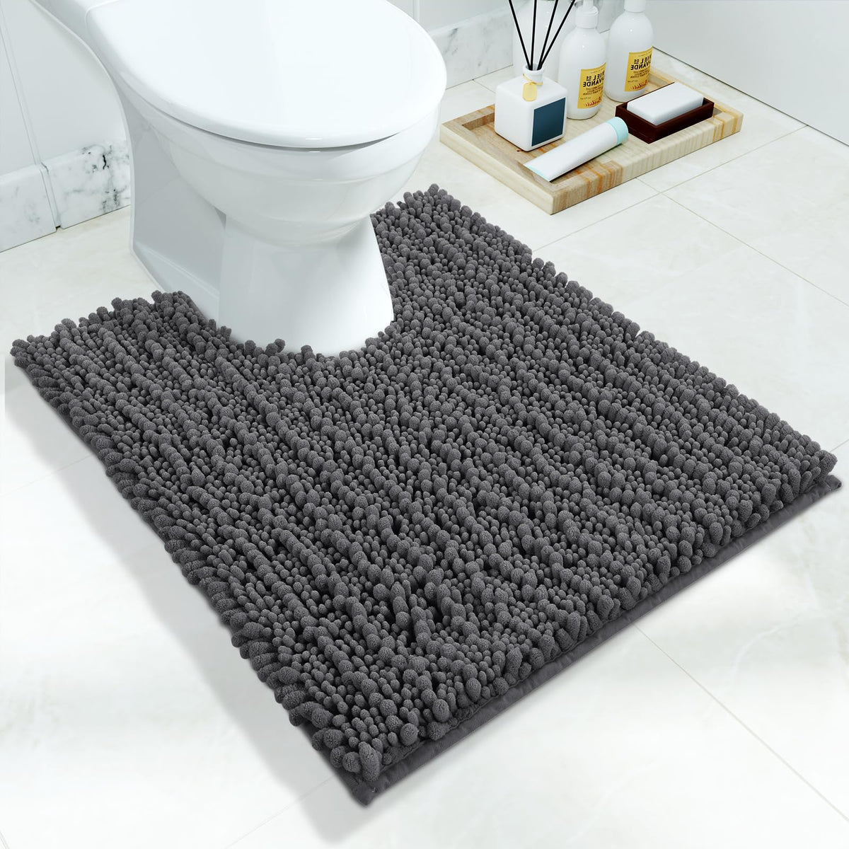 Yimobra Bathroom Rugs Non-Slip Washable – Extra Soft & Absorbent Chenille Bath Mat, Quick-Dry Plush Shaggy Floor & Vanity Bath Rugs for Tub & Shower, Modern Home Decor Accessories, 24 x 17, Grey