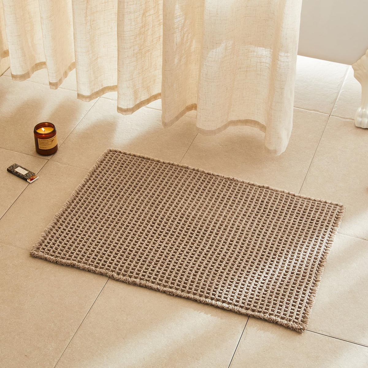 TYUU Waffle Bath Mat, Boho Bathroom Rugs Non Slip Washable, 30x20 Khaki