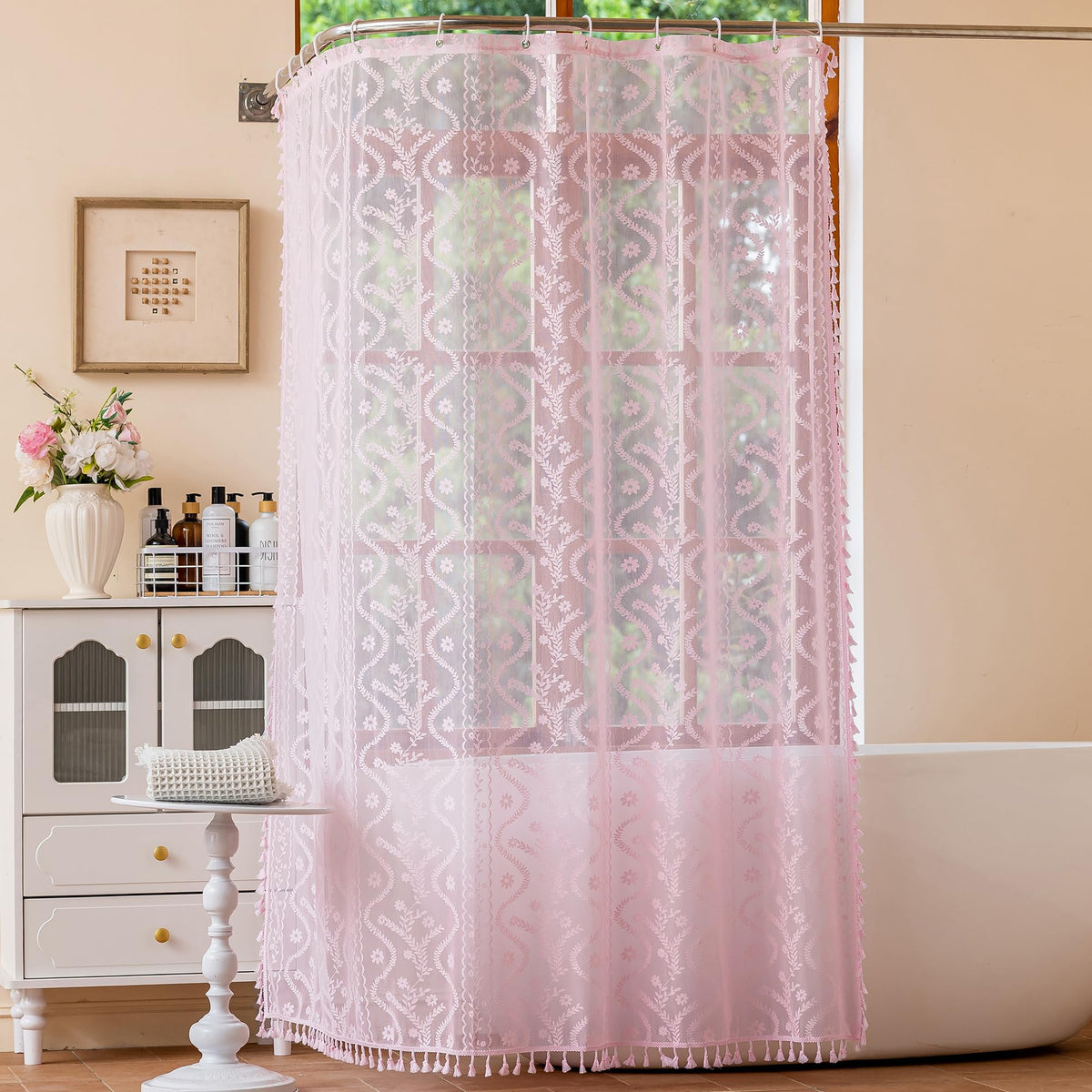 WAZZIO Dark Sage Green Lace Shower Curtain for Bathroom 72" W x 72" L, Victorian Farmhouse Floral Pattern Tassel Fancy Shower Curtain Boho Washable Cloth Decorative Bath Curtains,1 Panel