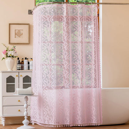 WAZZIO Dark Sage Green Lace Shower Curtain for Bathroom 72" W x 72" L, Victorian Farmhouse Floral Pattern Tassel Fancy Shower Curtain Boho Washable Cloth Decorative Bath Curtains,1 Panel