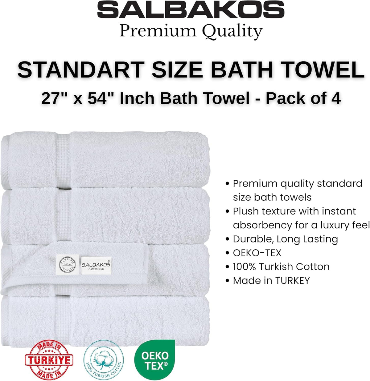 SALBAKOS 4-Piece 100% Turkish Cotton Bath Towels, 27x54 inch, White