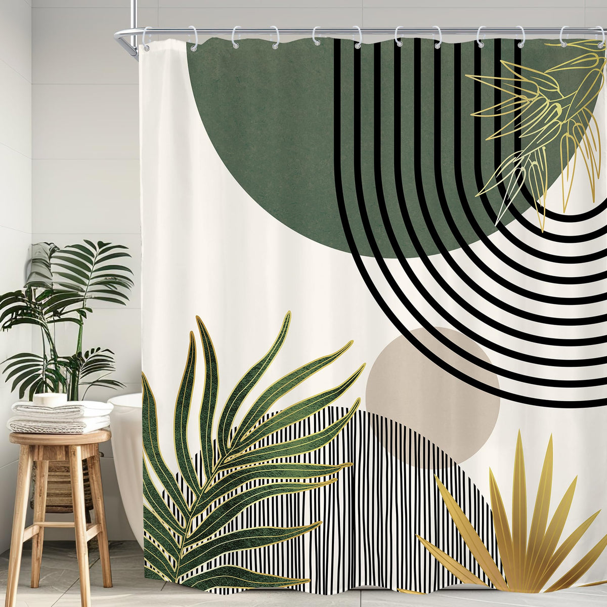 KOMLLEX Mid Century Green Boho Shower Curtain, Abstract Modern Shower Curtains for Bathroom, Plant Botanical Minimalist Leaf Arch Sun Fabric Liner Waterproof Polyester 12 Pack Hooks 60Wx72L Inches