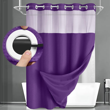 No Hook Shower Curtain with Liner Set Hotel Waffle Curtain Black 72W X 75L