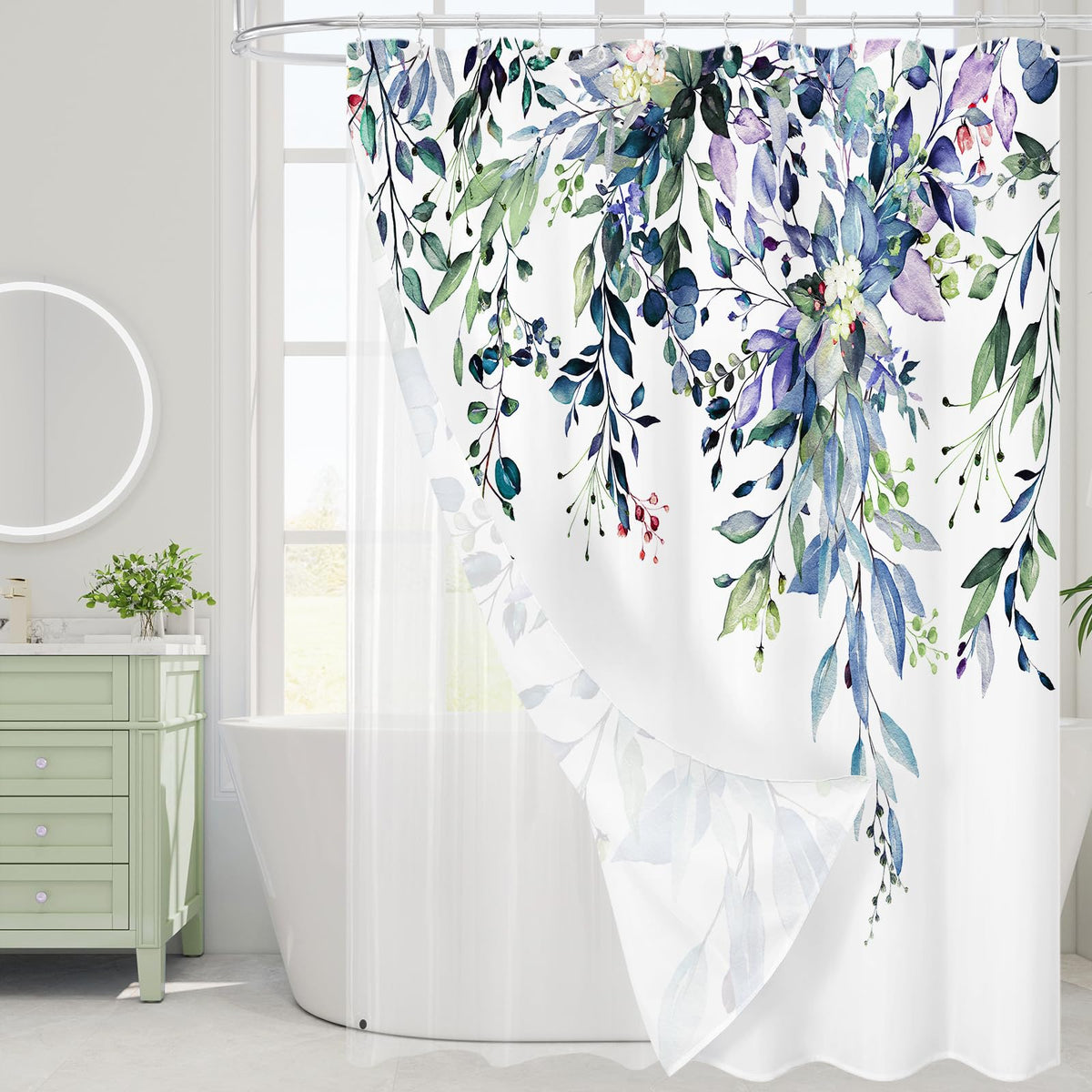 Gibelle 3 in 1 Shower Curtain Set, Grey Eucalyptus Curtain 72x72