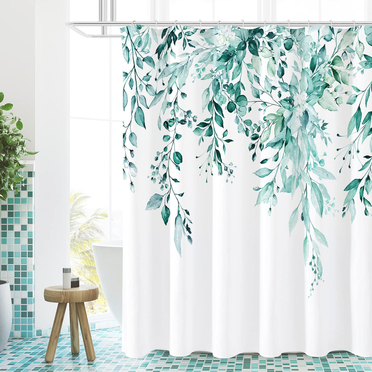 Gibelle Grey Eucalyptus Shower Curtain, Watercolor Floral Print, 72x72