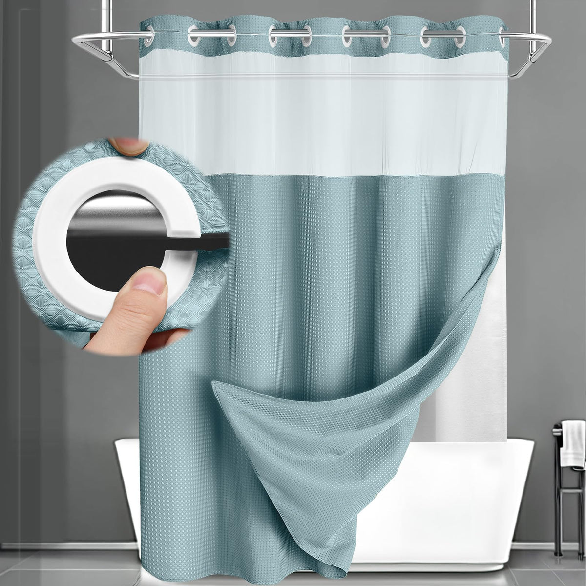 No Hook Shower Curtain with Liner Set Hotel Waffle Curtain Black 72W X 75L