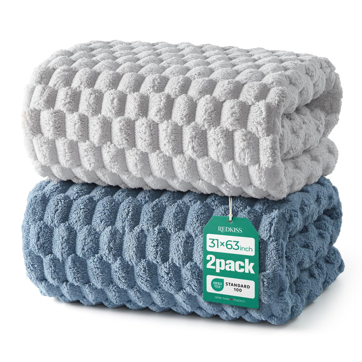 REDKISS Microfiber Bath Towels of 4-27x55 Inches Bath Towel Large, Highly Absorbent Towels for Bathroom, Quick Drying, Super Soft, Lint Free Fluffy Shower Towel for Gym, SPA, Gray, Blue