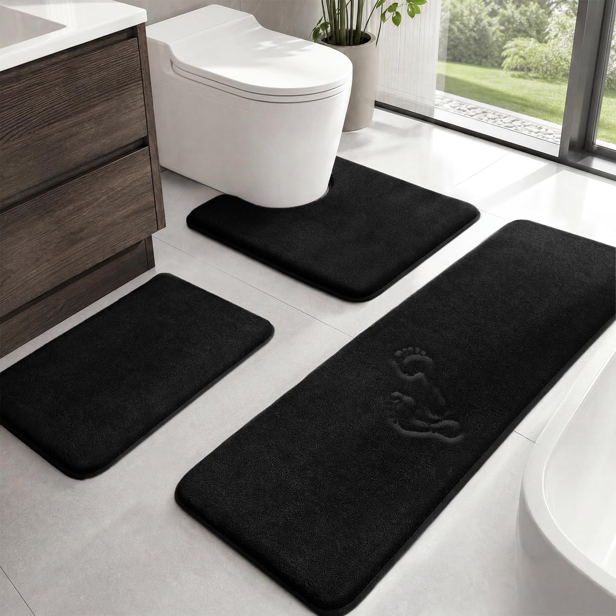 HUXMEYSON Bathroom Rugs Sets 3 Piece, Non-Slip & Quick Dry Bath Mat Set, Ultra Soft Velvet Bath Rugs for Bathroom, Toilet and Shower Floor, Grey