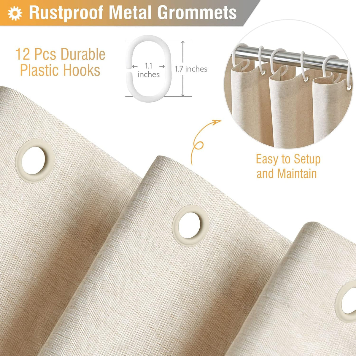 BTTN Beige Linen Textured Waterproof Cloth Shower Curtain Set, 72x72, Cream