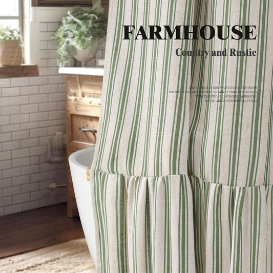 Farmhouse Shower Curtain Ruffle Linen Cream-Green Stripe 72"W x 72"L