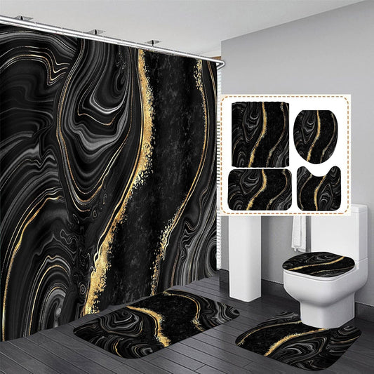 Nkzply 4 Pcs Black Marble Shower Curtain Sets with Rugs Gold Bathroom Set